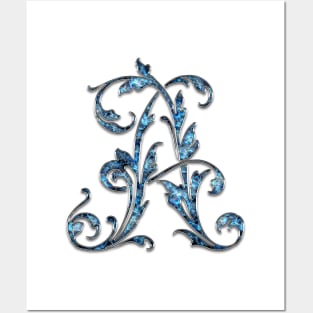 Ornate Blue Silver Letter A Posters and Art